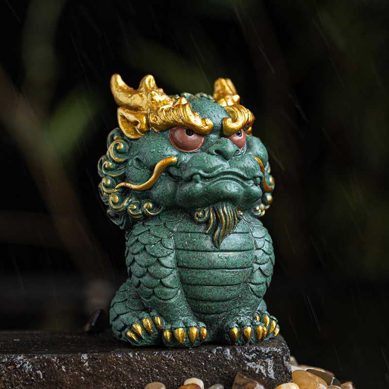 国潮风青砂石招财瑞兽麒麟加彩桌面摆件创意家居客厅酒柜装饰礼品