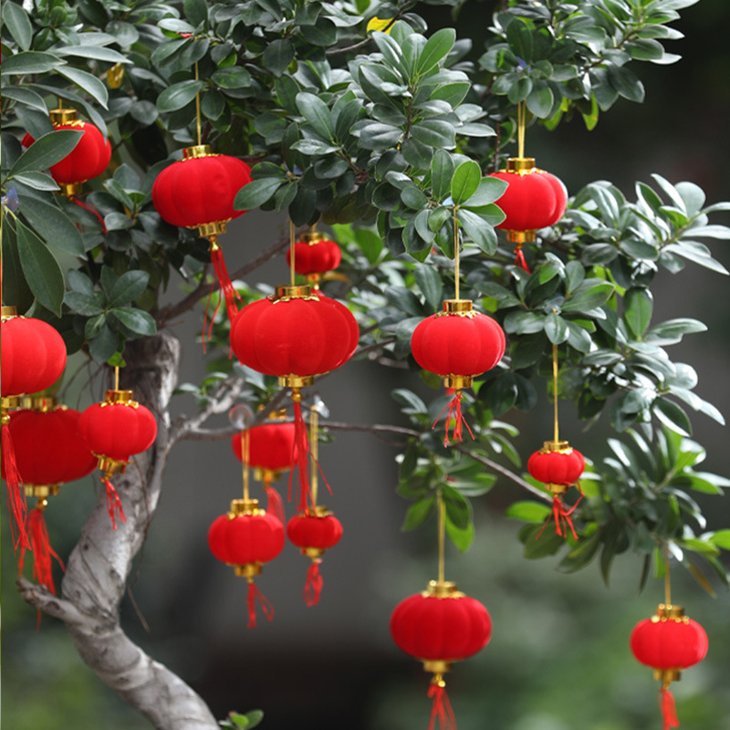 元旦小灯笼挂饰树上新年过年植绒红灯笼结婚挂件室内户外装饰布置