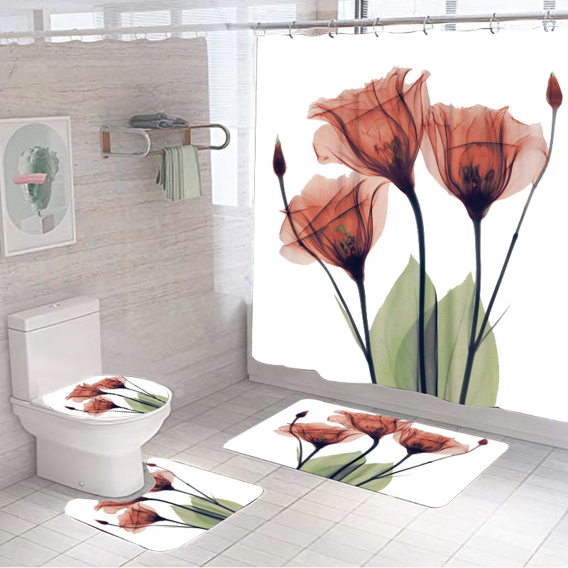 3d Digital Printing Shower Curtain Bathroom Punch-Free Four-Piece Bathroom Curtain Shower Curtain Waterproof and Mildew-Proof Bathroom Curtain