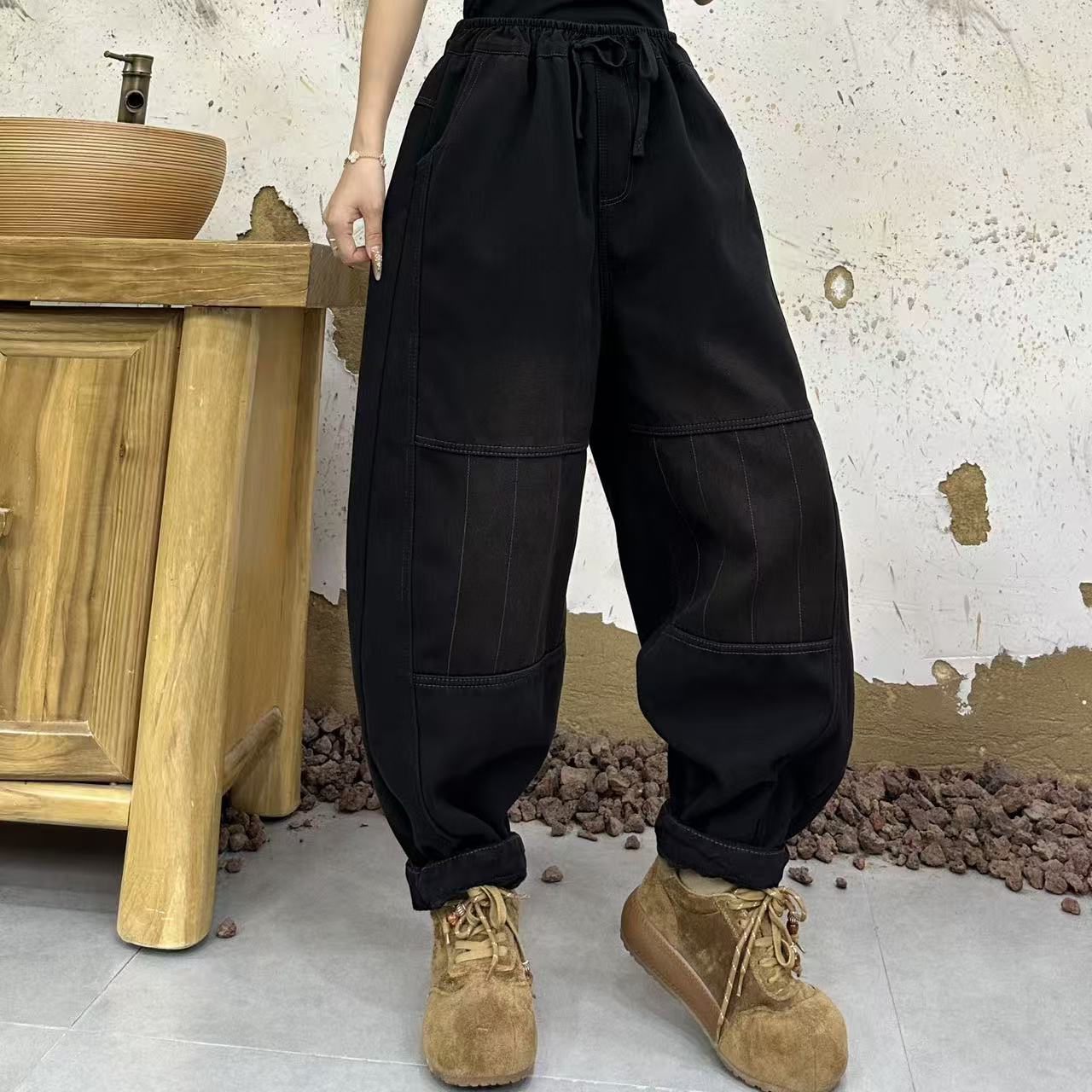 加绒哈伦裤 复古火山绒弯刀宽松牛仔裤女2025秋冬新款休闲裤58766