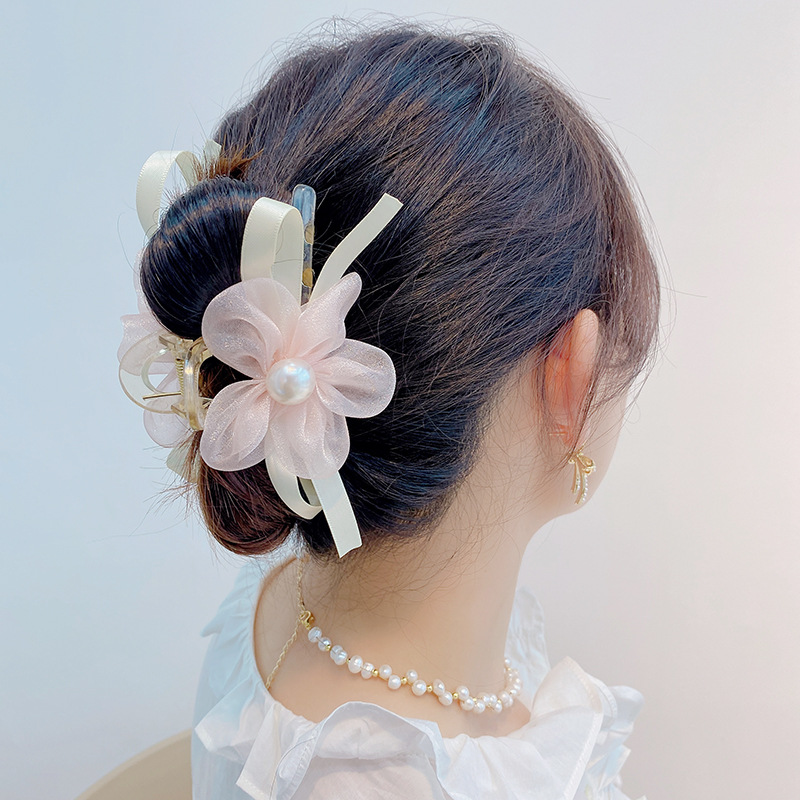 q314气质珍珠花朵蝴蝶结鲨鱼夹子发夹雪纱山茶花百搭网红少女抓夹