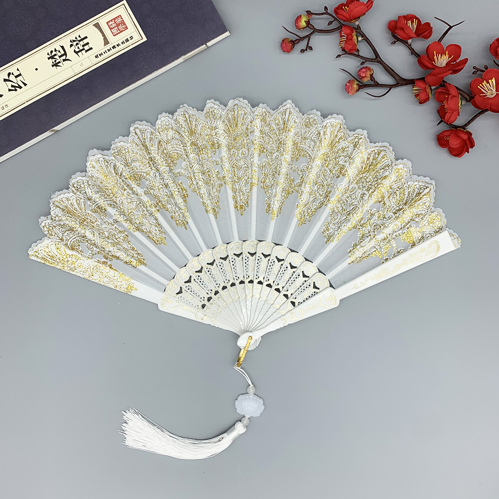 Chinese Auspicious Cloud Pattern Archaic Folding Fan Plastic Dance Chinese Style Folding Fan Factory Direct Sales