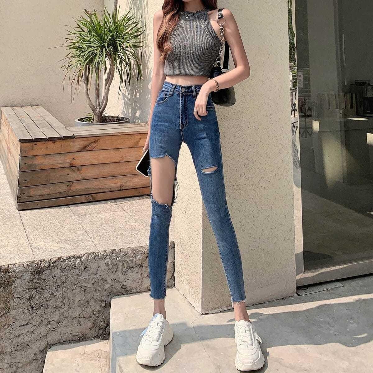 夏季性感辣妹大破洞铅笔牛仔裤女2022高腰显瘦九分弹力紧身小脚裤