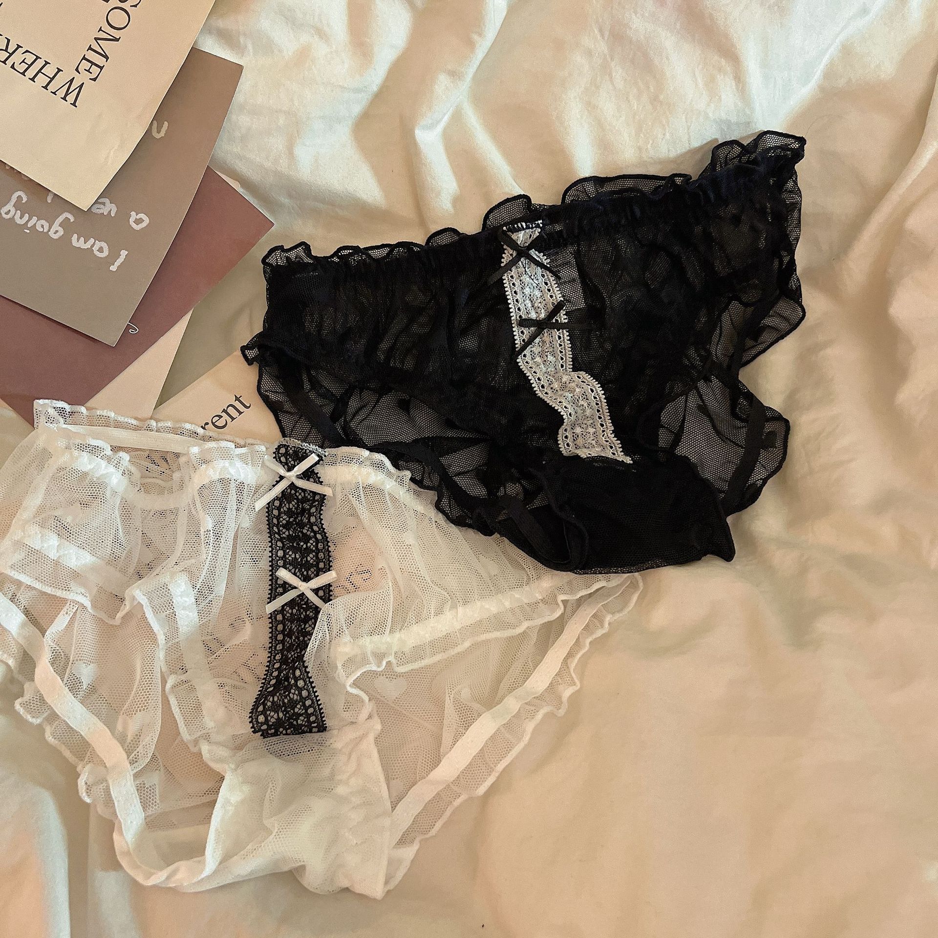 法式蝴蝶结蕾丝中腰女士打底内裤欧美细带网纱甜美女学生舒适内裤