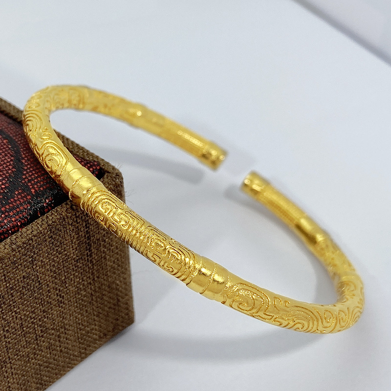 古法传承霸气龙纹手镯 复古图腾龙纹开口至尊磨砂哑光金箍棒手镯