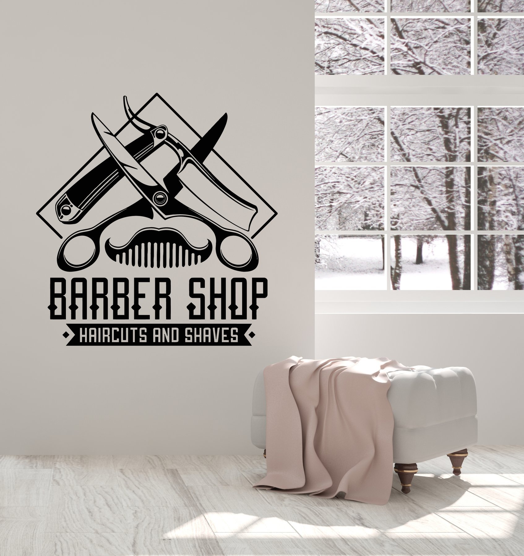 barber shop haircuts剃刀剪刀贴花wall decor跨境亚马逊dw11001