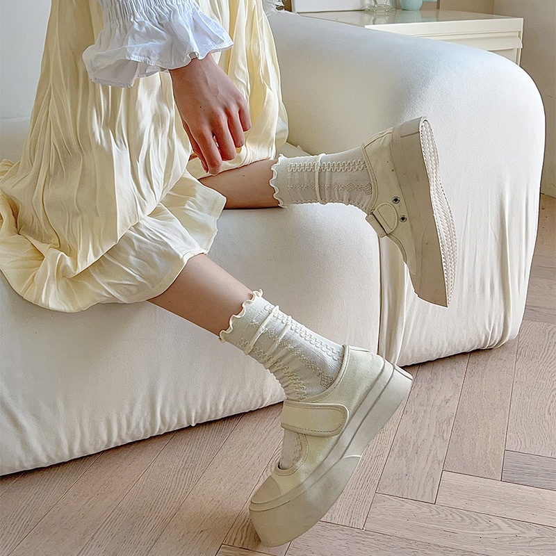 Beige Jk Tube Socks Women's Spring and Summer Thin Cute Wild Solid Color Minimalist Preppy Style Breathable Girl Lace Socks