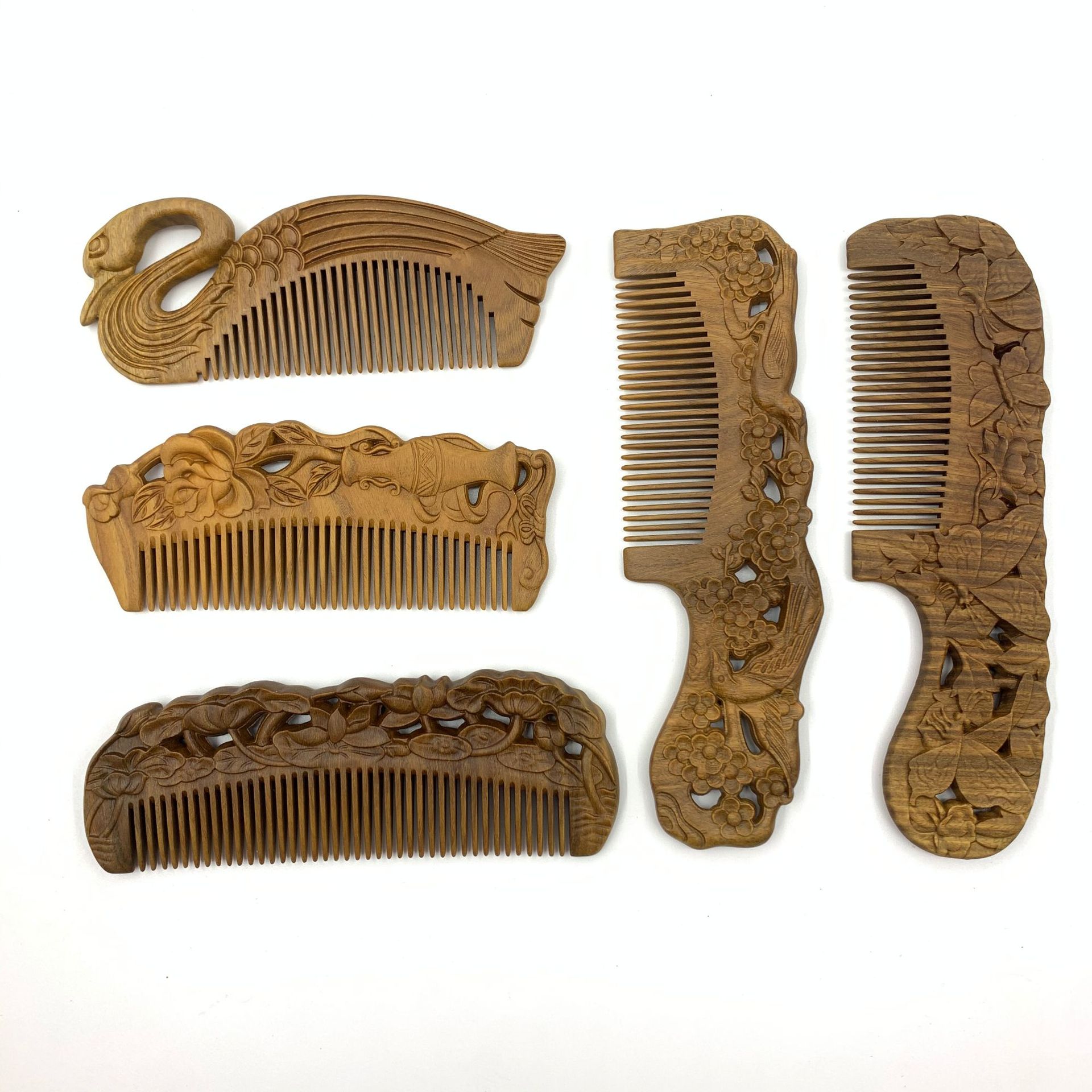 绿檀木雕刻梳双面雕花檀木梳半月柄梳花鸟鱼虫精品礼品梳批发