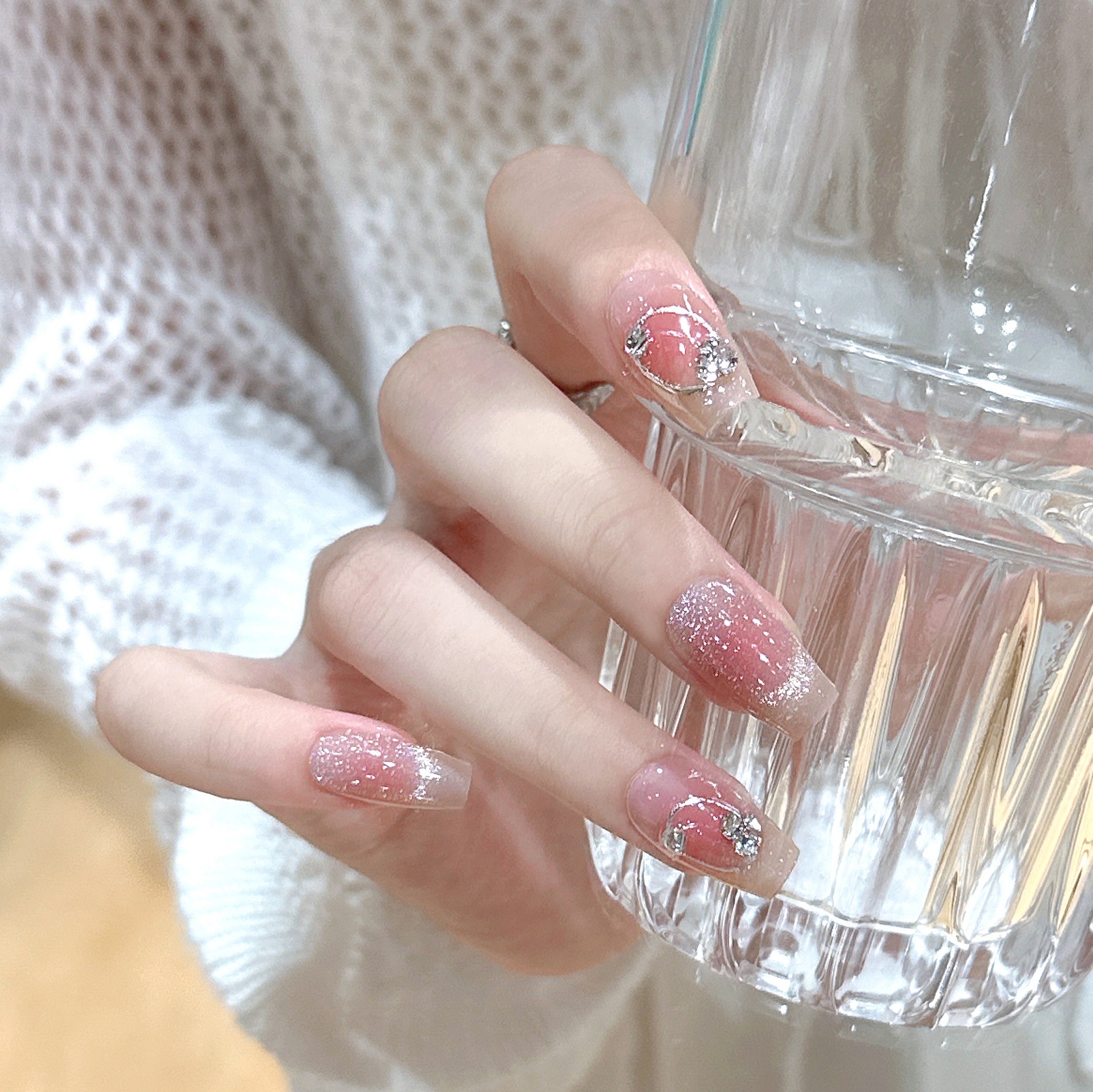 手工腮红猫眼美甲立体金属线条裸色温柔气质穿戴甲成品可拆卸指甲