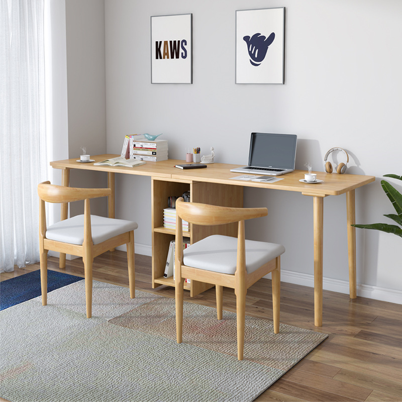 北欧全实木双人电脑书桌书架组合一体桌家用简约卧室一字板连体桌