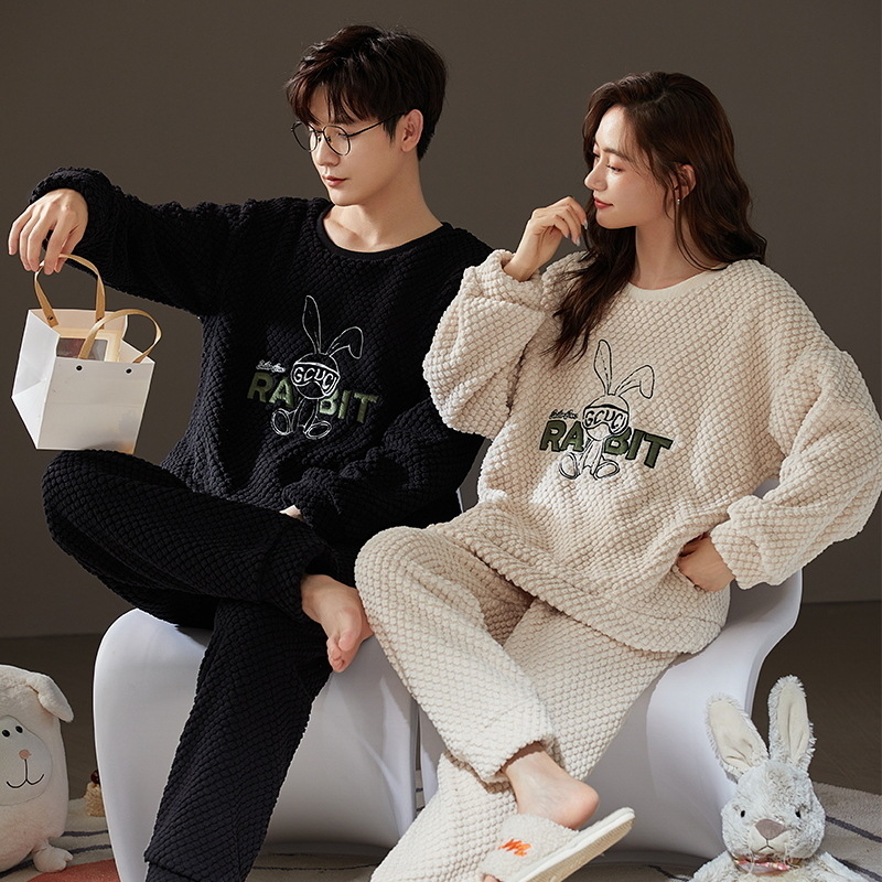 New Long-Sleeved Couple Flannel Pajamas Women Can Wear outside Thermal Coral Fleece Homewear Thickened Men's Suit Winter