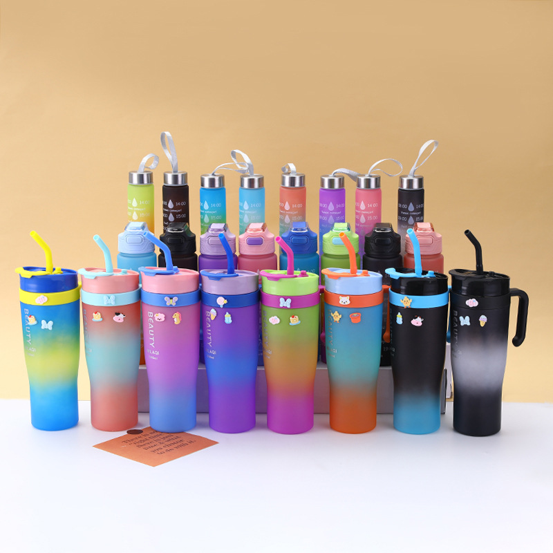 New Three-Piece Set Frosted Transparent Plastic Cup Gradient Color Portable Straw Straight Drink Cup Large Capacity Handle Cup