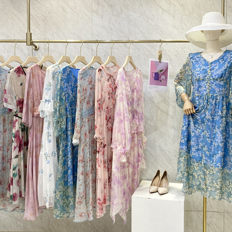 冉冉2023新款夏装中长款印花连衣裙品牌撤柜折扣女装直播货源批发