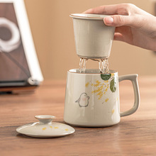 厂家手绘金桂月兔泡茶杯个人专用办公茶水分离马克杯带盖陶瓷杯子