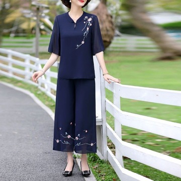 x嶜1妈妈夏装短袖套装阔太太时尚中老年女装夏季洋气两-阿里巴巴