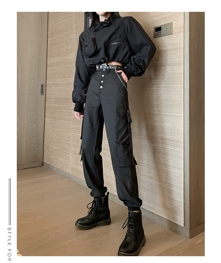薄款绸缎hiphop工装裤女帅气嘻哈束脚裤女