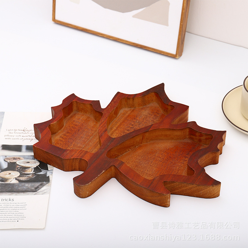 Wooden Maple Leaf-Shaped Tray Home Desktop National Fashion Grid Dried Fruit Snack Box Wooden Table Desktop Storage Tray