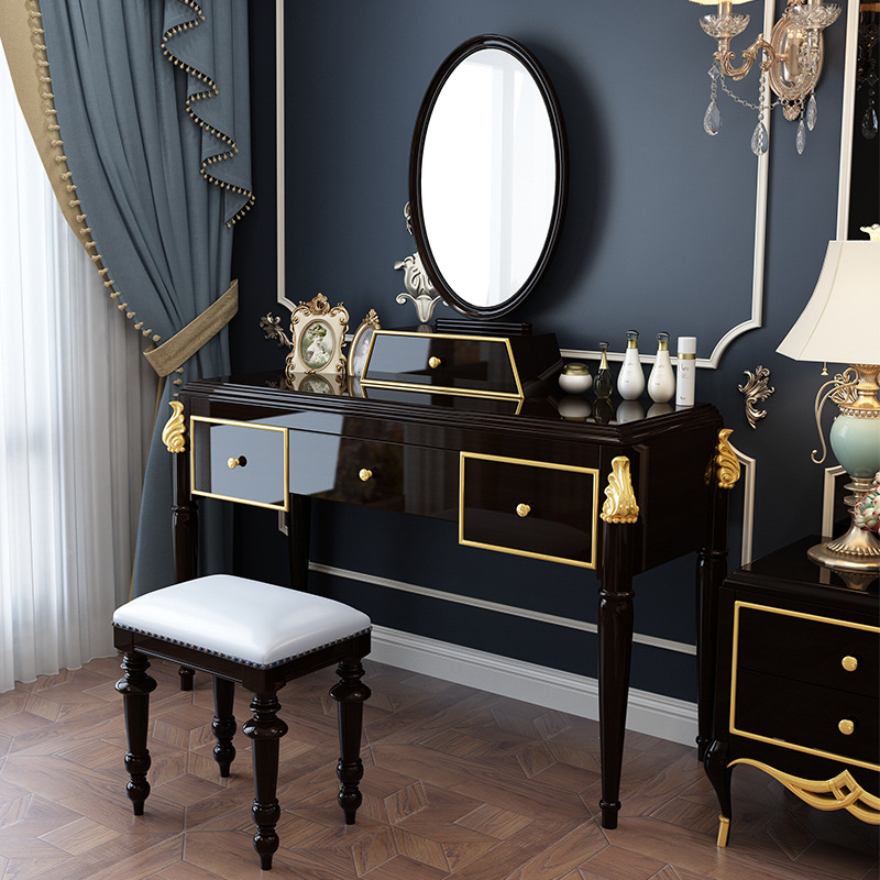 美式轻奢妆台新古典化妆柜欧式黑檀色梳妆台卧室奢华公主化妆台