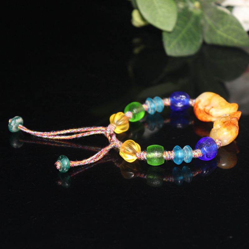 清晚期老琉璃搭配老玉猪龙手串手链 古玉老珠子手串 古珠珠串批发