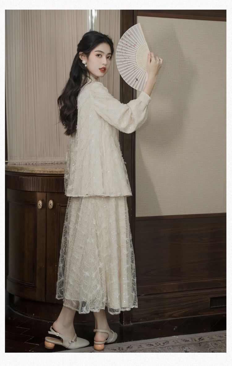 新中式民国小洋装国风套装改良蕾丝刺绣旗袍上衣女半身裙两件套仙