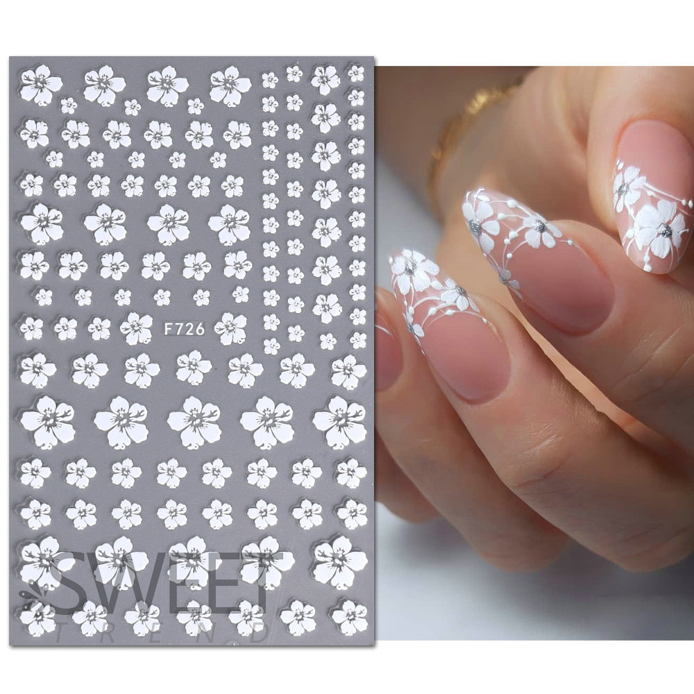 跨境美甲贴纸批发 ins热款日系白色樱花瓣小白花指甲贴纸贴花nail