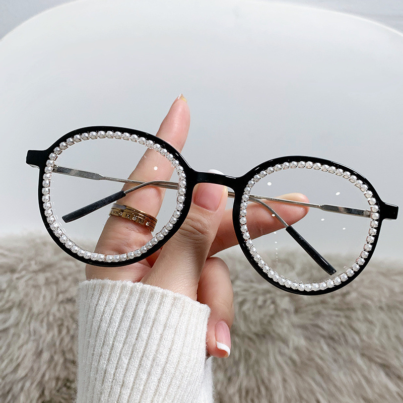 Full Diamond round Frame Plain Glasses Fashion High Sense Instafamous Glasses Frame Anti-Blue Light Personality Diamond Retro Glasses Frame