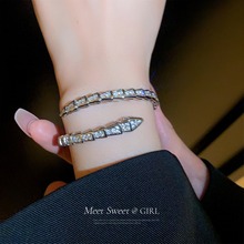 欧美亚马逊甜酷锆石蛇形手镯女小众设计银色蛇骨开口手环时尚手环