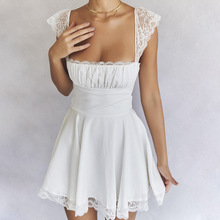 2024欧美女装夏季新款蕾丝花边方领吊带裙修身露背白色法式连衣裙