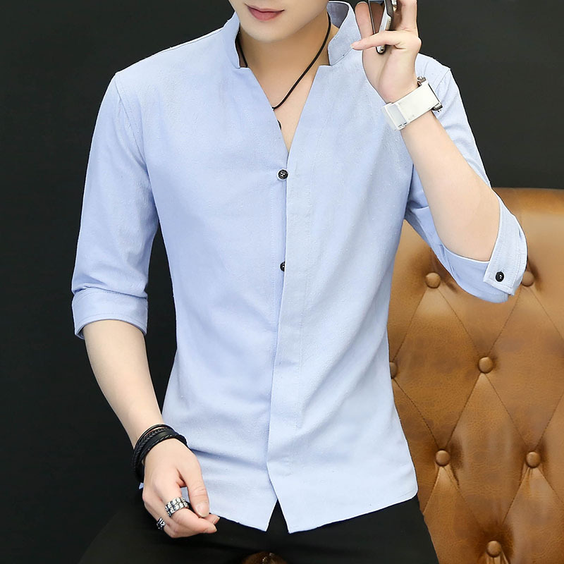 Summer Linen Stand Collar Shirt Men's Short-Sleeved Korean-Style Slim-Fit Trendy, Casual and Handsome 3/4 Sleeve Half-Sleeve White Shirt