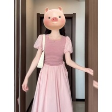 法式粉色条纹拼接连衣裙子女夏季2024新款收腰显瘦泡泡袖方领长裙