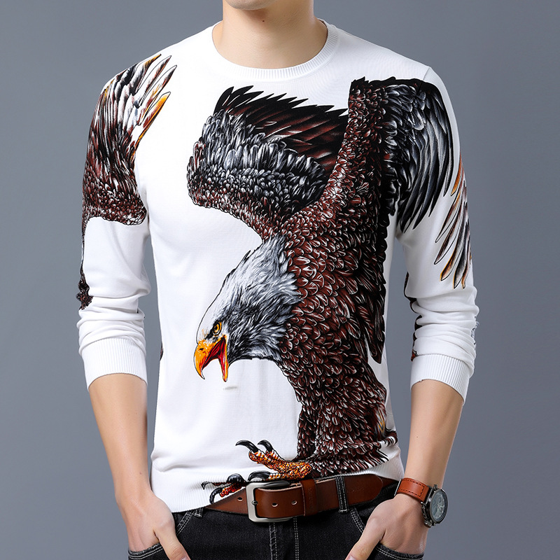2021中国风男士长袖圆领t恤印花潮牌打底衫男青年中年衣服老鹰t恤