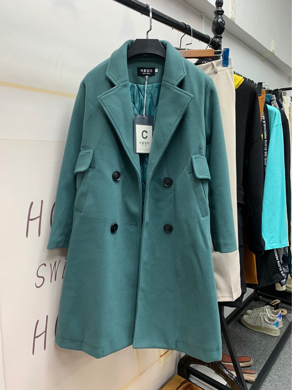 秋冬加厚夹棉毛呢大衣双排扣女装外套纯色西装领青色保暖上衣百搭