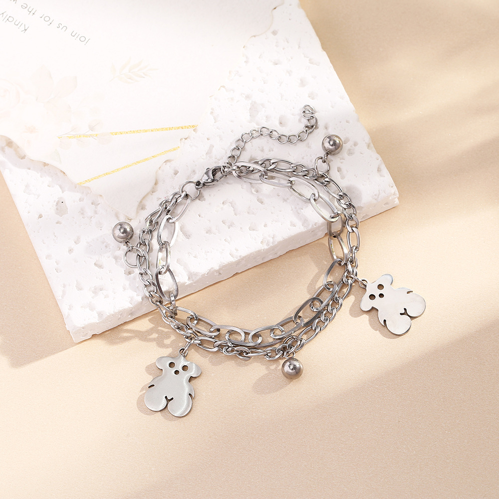 Japan and South Korea Cute Bear Titanium Steel Bracelet Internet Celebrity Niche Double-Layer Chain Jewelry Bracelet Design Sense All-Match Bracelet