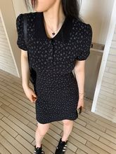 大码女装黑色polo领短袖针织连衣裙2024夏季复古印花收腰显瘦裙子