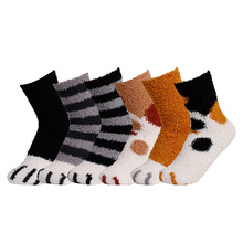 珊瑚绒袜子女跨境猫爪地毯加绒袜冬季可爱加厚地板睡觉毛绒袜中筒