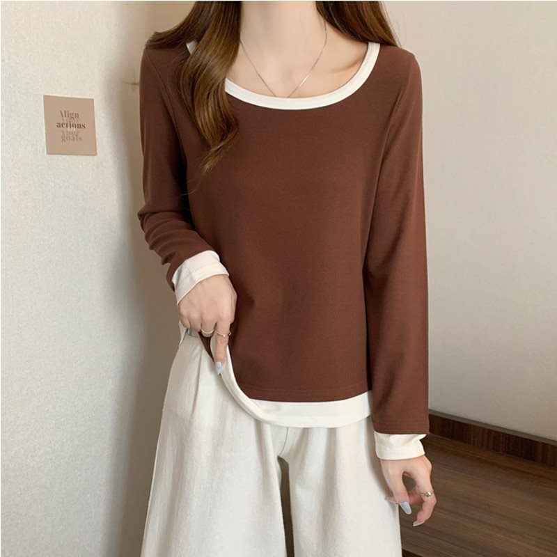 撞色圆领正肩长袖打底衫女春季大码胖mm简约休闲遮肚显瘦t恤上衣