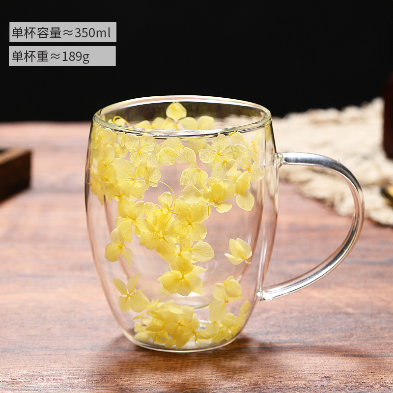 New Internet Celebrity Petals Quicksand Cup High-Looking Cross-Border Real Flower Double Layer Glass Cup Creative High Borosilicate Glasses