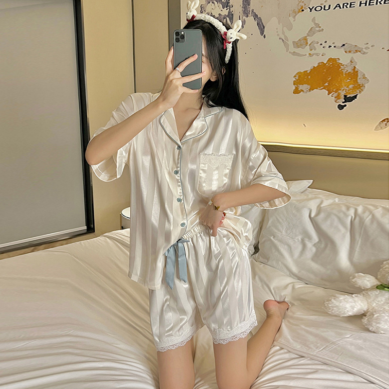 Summer Thin Ice Silk Pajamas Women's High-Grade Sweet Cute Short Sleeve Artificial Silk Outerwear Homewear Suit