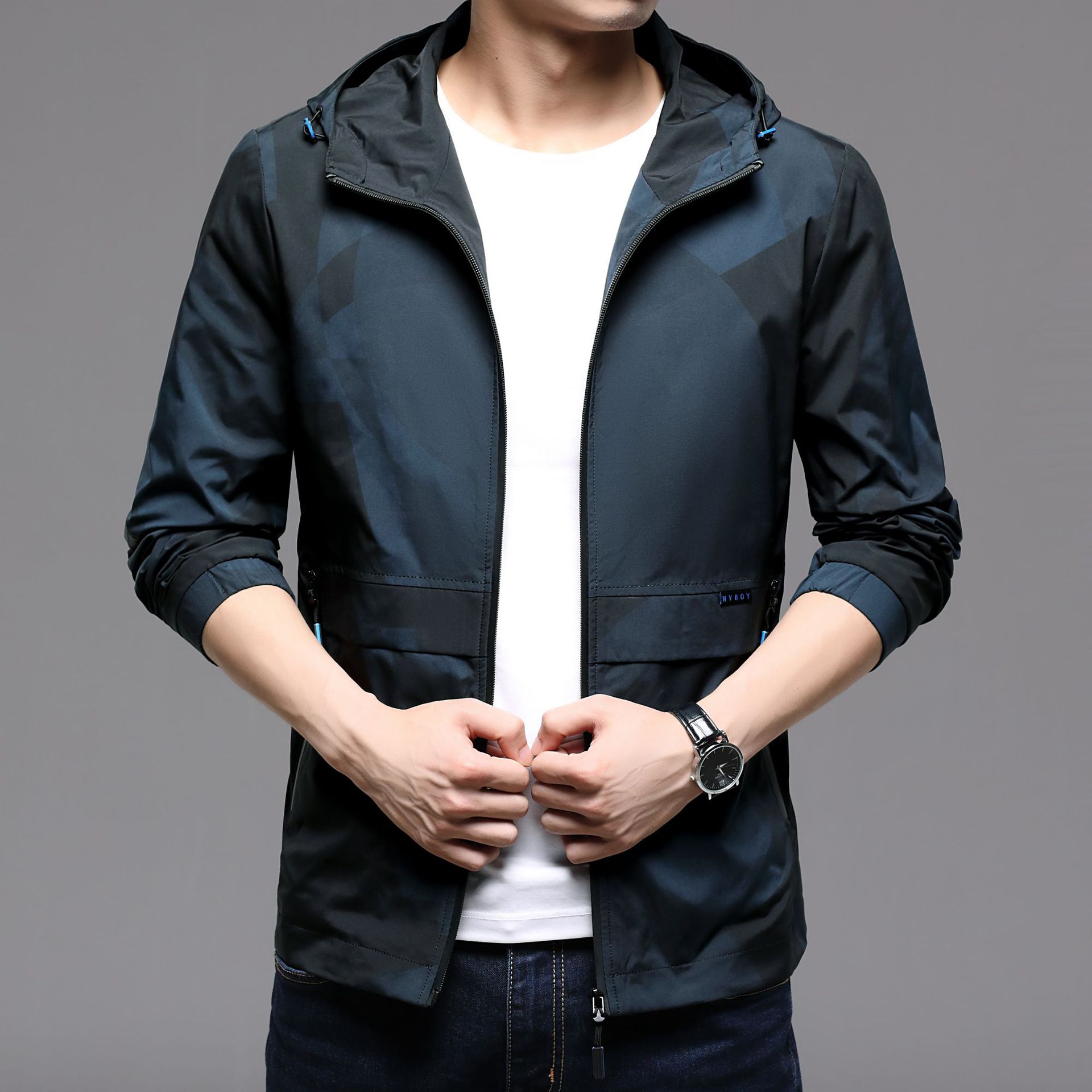 春秋2022新品男士连帽无领夹克衫休闲潮流帅气夹克外套衫批发男装