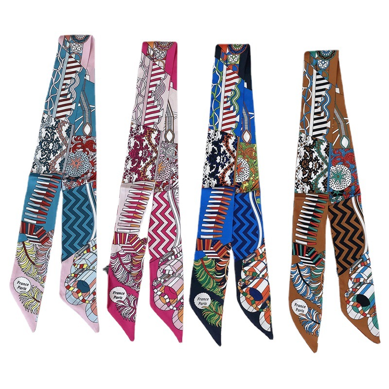 New Ethnic Style Color Matching Emulation Silk Scarf Women's Spring and Autumn Long Scarf Tie Bag Ribbon Thin Narrow Tie Hair Scarf