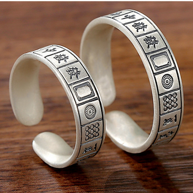 创意麻将戒指 东西南北中发白复古做旧泰银黑麻将戒指十三幺戒子