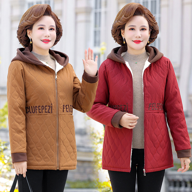 妈妈秋冬装加绒外套洋气连帽小棉衣服新款中老年人冬季棉袄女加厚