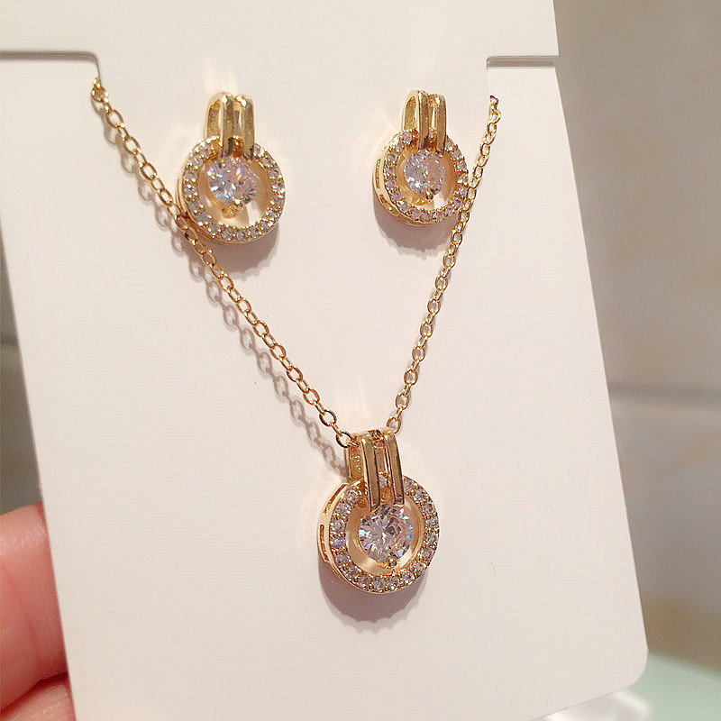 欧美经典圆形锆石微镶首饰套装女跨境耳环项链结婚2套件批发-阿里巴巴