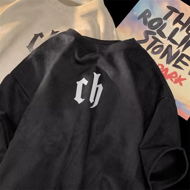 美式复古ch短袖男款潮牌潮流重磅新款t恤麂皮绒夏季字母情印花t恤