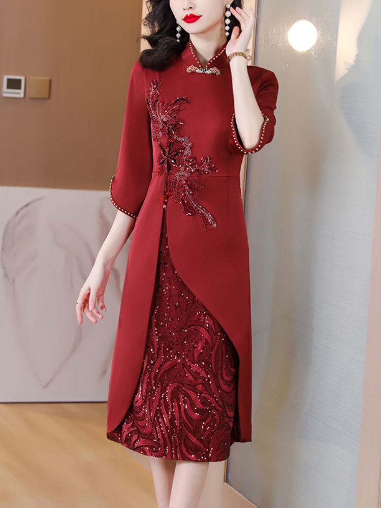 喜婆婆婚宴装夏装长辈年轻妈妈丈母娘结婚礼服高贵旗袍连衣裙