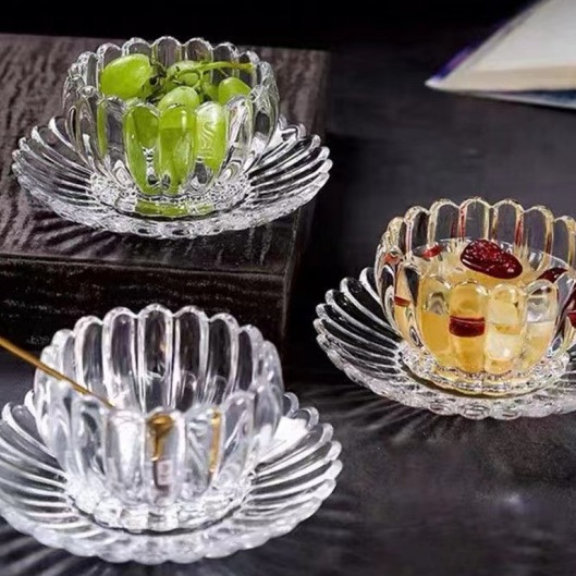 European-Style Glass Crystal Lotus Bowl Dish Two-Piece Set Fruit Salad Breakfast Bowl Ice Cream Bowl Dried Fruit Fruit Plate Set