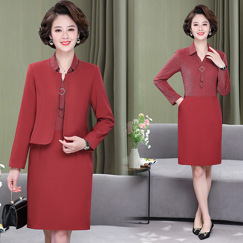 妈妈春装结婚礼服中老年女连衣裙喜婆婆婚宴装小西装裙子两件套装