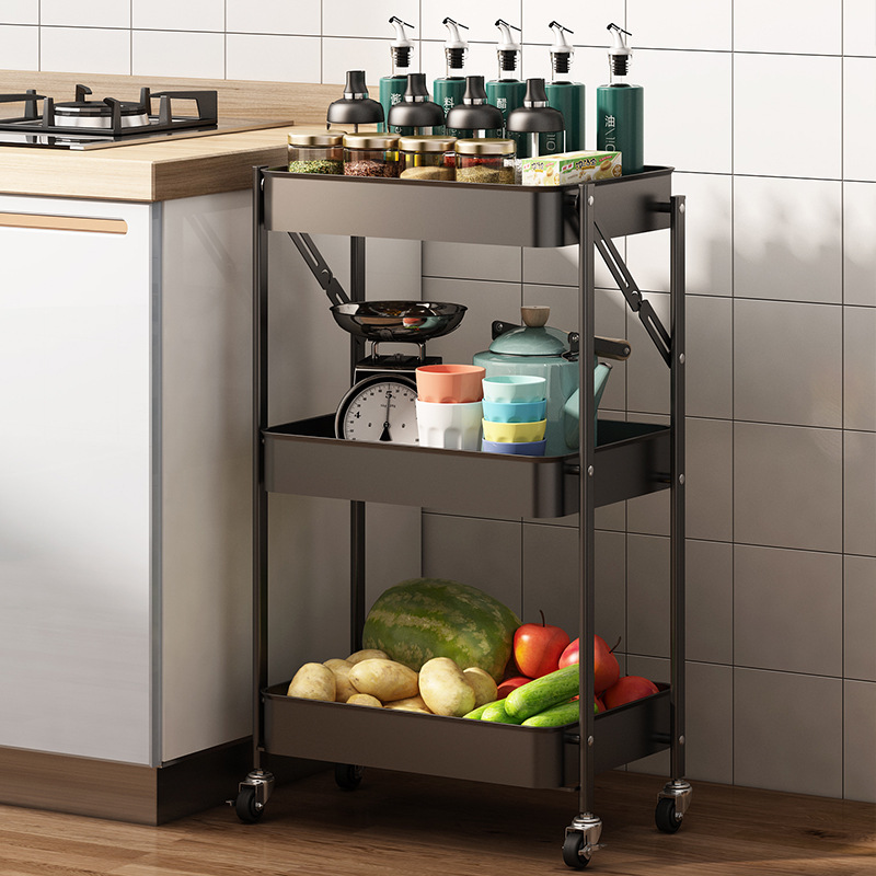 厨房折叠小推车置物架落地式多层可移动家用菜篮子调味料瓶收纳架