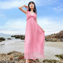 68539 希腊女神 自带胸垫真丝顺纡长款连衣裙海边度假沙滩裙纯色