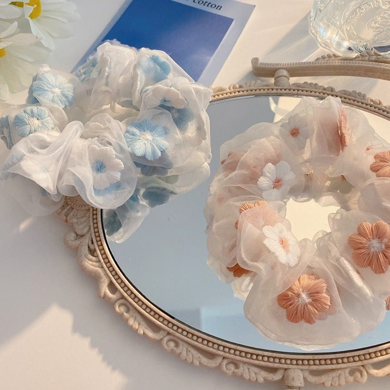 Romantic Pink Blue ~ Sweet Embroidery Flower Hairband Organza Large Intestine Ring Hair Rope Ins Mesh Head Rope Girls' Hair Accessories